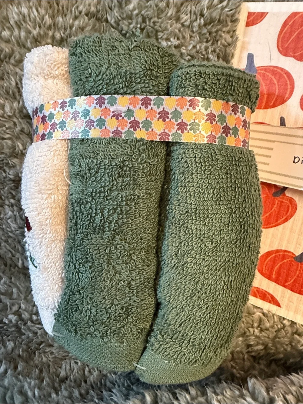 5 Fall Hand Towels w/Mushrooms & Fox! 2 Dish Cloth Sponges (pattern 2 vary)